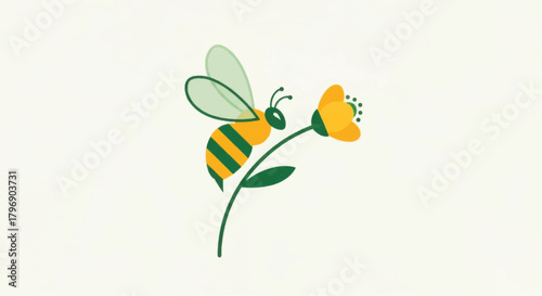 Cute cartoon bee pollinating a vibrant yellow flower illustration.
