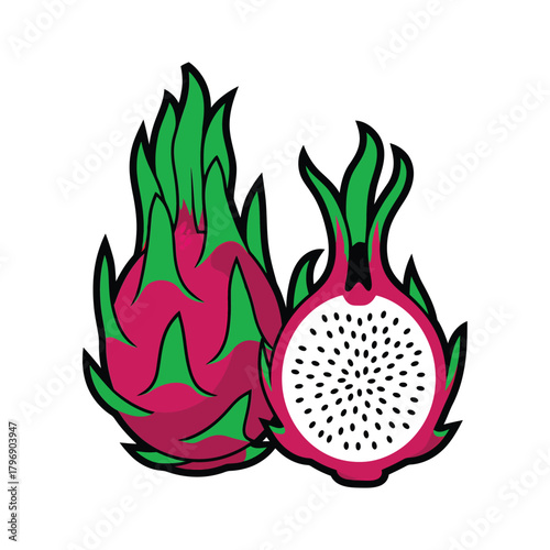 A vibrant and colorful illustration showcasing a whole dragon fruit and a halved one, , highlighting the unique texture and exotic appeal of this tropical fruit