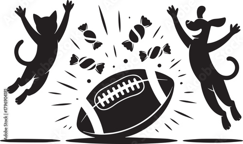 Sports ball candy dog and cat play together concept silhouette vector art