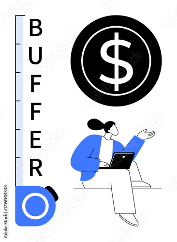 Woman seated with a laptop, buffer scale measuring progress, and dollar sign illustrating financial security. Ideal for finance, budgeting, growth tracking, planning, business, profitability simple