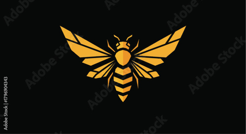 Stylized golden bee or wasp with geometric wings on a dark background.