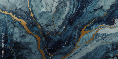 Striking Abstract Blue and Gold Marble Design for Modern Décor. This captivating image showcases a mesmerizing abstract design, reminiscent of flowing marble.