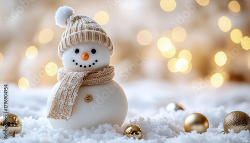 Cheerful snowman with scarf and hat stands in snow, surrounded by festive bokeh lights and golden ornaments