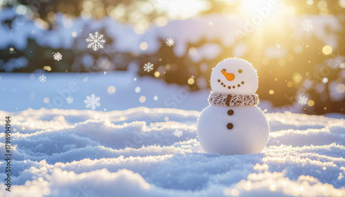 Cheerful snowman stands in sunlight, surrounded by sparkling snowflakes and serene winter landscape