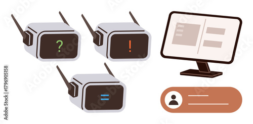 Robots with symbols communicating near a computer screen and user profile box. Ideal for AI, automation, chatbots, innovation, support systems, communication, and user-interface concepts in a simple