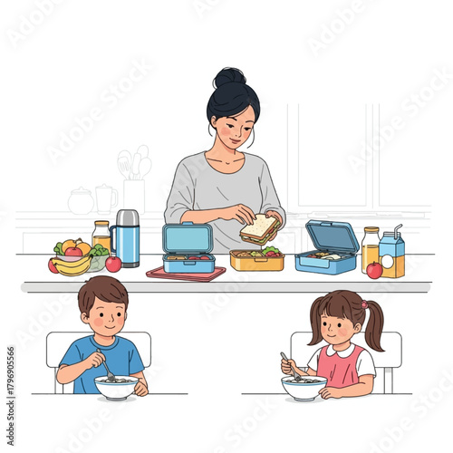 Mom Preparing Breakfast Kids Eating Home View