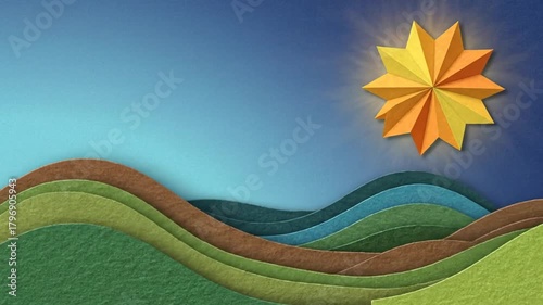 ペーパークラフト風景 丘と太陽の抽象世界