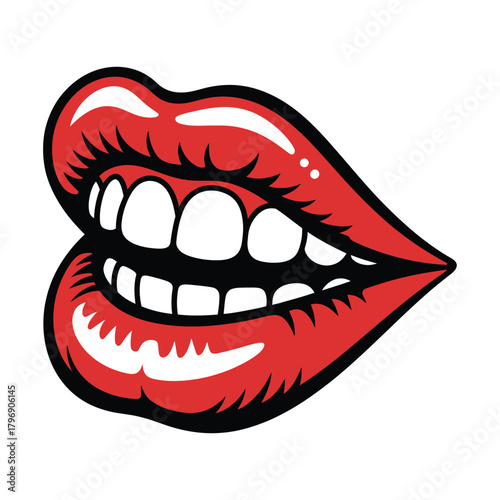 A bold and glossy red lips with white teeth, , expressing a vibrant and playful expression in a pop art style