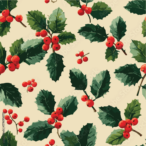 Seamless pattern of Christmas holly berries and leaves, flat illustration style