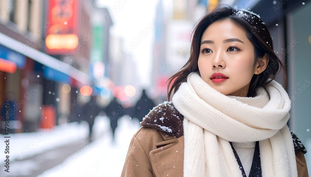 Fototapeta premium Portrait of a young woman on snowy city street