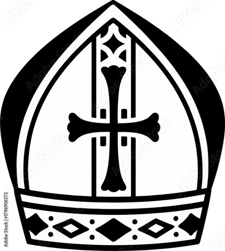 Bold Cross Bishop Mitre Hat Vector, Catholic Clergy Headwear, Black and White Religious Emblem