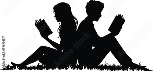 Silhouette boy and girl reading books outdoors, peaceful study moment, education concept, relaxed sitting posture, learning together illustration