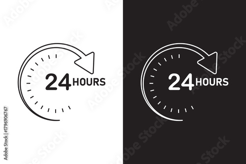 Clock with a 24 hours sign. All day service icon set. vector set in black colors.