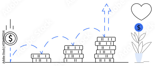 Coins falling and forming stacks, upward arrows symbolizing growth, a heart, and a plant with a money sign. Ideal for finance, saving, investment, growth profitability economy success. Flat