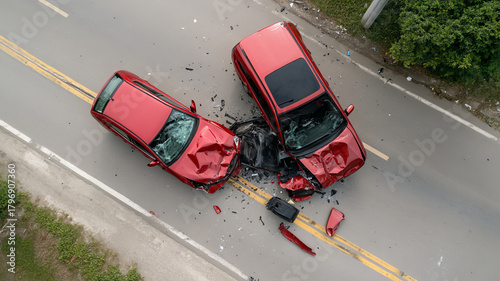 Aerial view red car accident two vehicles damaged on road, dramatic crash scene