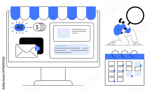 Desktop monitor with email, ad, finance icons, person analyzing with magnifier, and calendar planning. Ideal for marketing strategy, email management, business planning, analytics scheduling