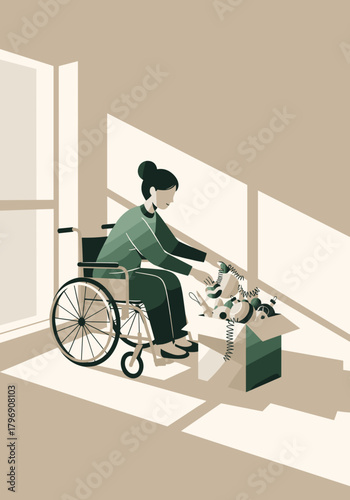 Woman in wheelchair unpacking box indoors with natural light  