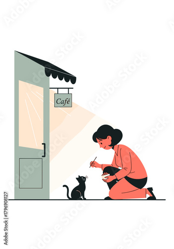 Woman feeding black cat outside cafe in a sunny setting  