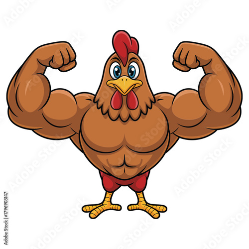 Illustration of a muscular chicken flexing its biceps, the cartoon chicken has a red comb and wattle, and yellow beak and feet
