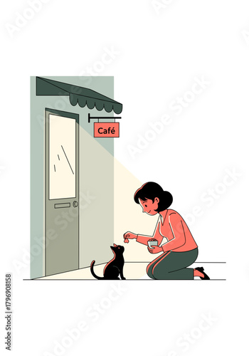 Woman feeding black cat outside a café on sunny day  