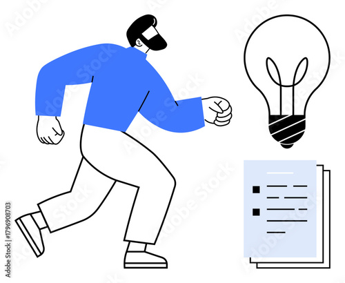 Person in motion towards a glowing lightbulb symbolizing creative ideas, and a checklist representing tasks. Ideal for innovation, productivity, goal setting, motivation, creativity, ambition