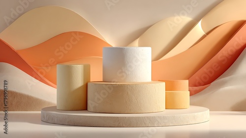 Minimalist product display scene with warm beige orange waves background.