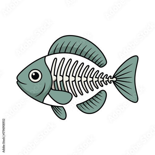 A whimsical cartoon illustration of a fish skeleton with a smiling face on an, perfect for marine themes