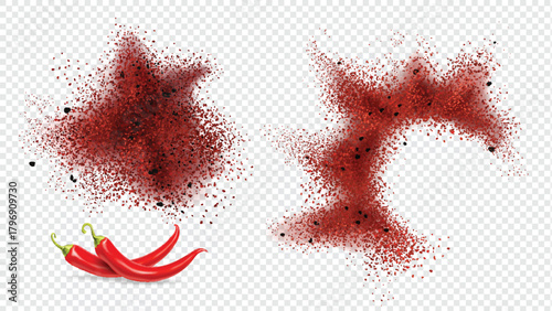 Bright red chili pepper powder splash for spice, cooking, Paprika pepper explosion sweet spicy food isolated on transparent background organic texture top view - ingredient for beverages or recipes