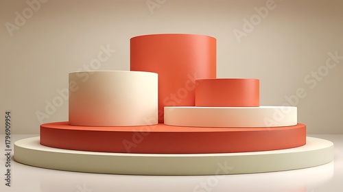 Geometric product display podiums in warm hues, minimal scene