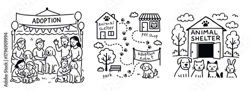 Black-and-white illustrations of pet adoption event, shelter map, and animal companions in three-panel community scene, vector