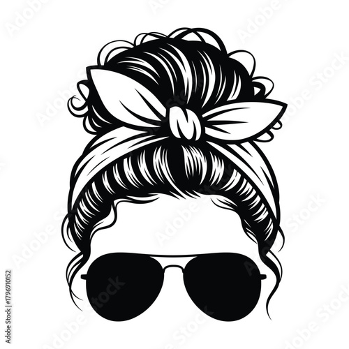 Stylish messy bun hairstyle with sunglasses, , perfect for fashion designs, beauty blogs, and trendy apparel prints