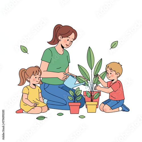 Mother and two children, a boy and a girl, happily watering and caring for potted plants together, fostering a love for nature and gardening.