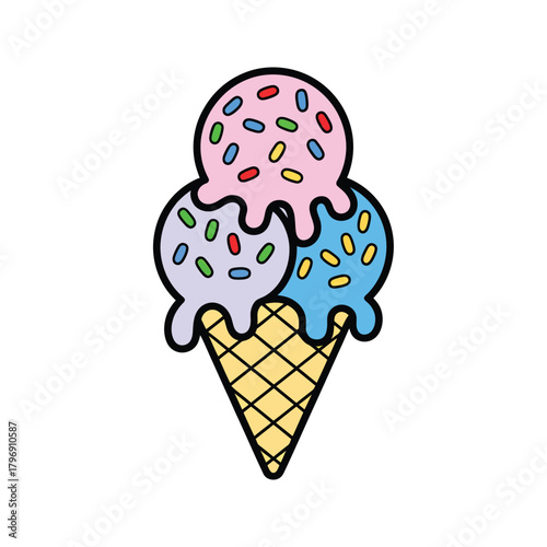 Colorful ice cream cone with three scoops, a delightful treat with sprinkles, perfect for summer and sweet cravings