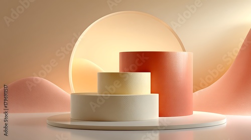 Elegant display podiums in warm abstract setting for products.