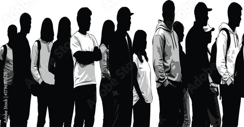 Close-up of a diverse group of young people standing in a line, representing a crowd, urban commuters, students, social gathering, waiting queue, youth culture, and modern anonymity in society.