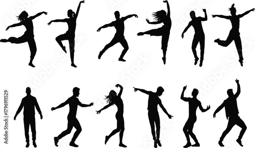 Set of active young adult silhouettes dancing, jumping, and exercising; dynamic movement; fitness; energy; men and women in various energetic poses; black vector collection.