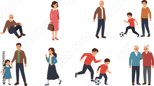 Multigenerational Family Characters Vector Set, People of All Ages Walking, Interacting, and Playing Soccer, Illustrating Grandparents, Parents, and Children.