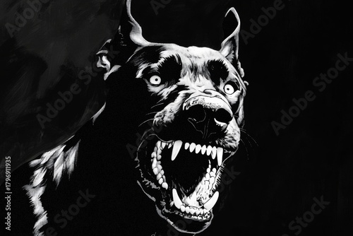 A doberman emerges from the shadows, barking aggressively with bared teeth and glaring eyes. This dramatic black-and-white illustration captures its fierce expression in fine detail