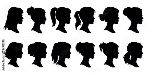 Female head silhouettes set, woman profile faces in simple black vector style