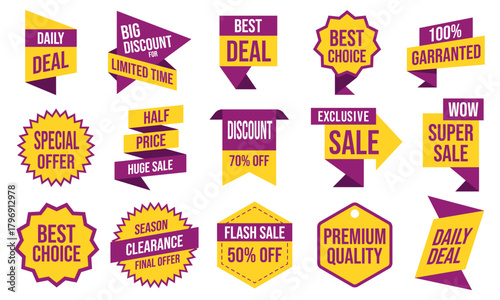 Sale and discount labels set, colorful promotional offer badges in vector style