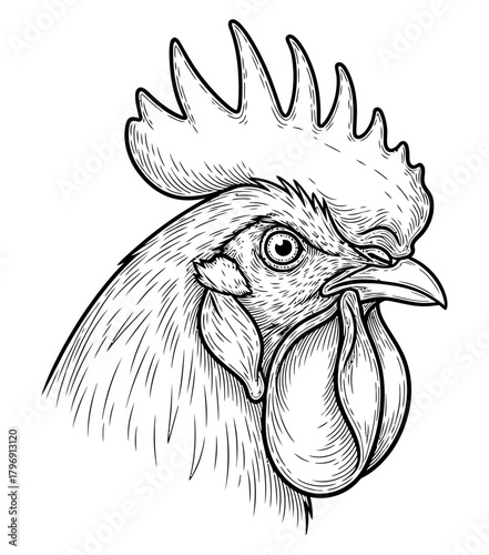 A detailed hand-drawn portrait of a rooster head in a classic vintage engraving style. This monochrome cockerel illustration features intricate line art