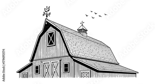 Detailed black and white illustration of a classic American barn with a weather vane and birds flying in the sky, evoking a rustic farm scene