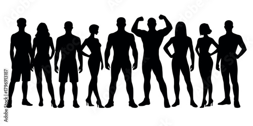 Fitness group silhouettes, athletic men and women flexing and standing poses