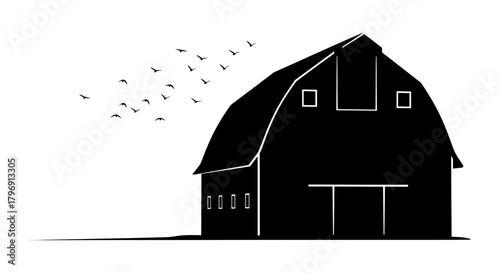 A Silhouetted Barn with Flying Birds in a Rural Setting - A Classic Farm Structure Representing Agriculture and Countryside Living