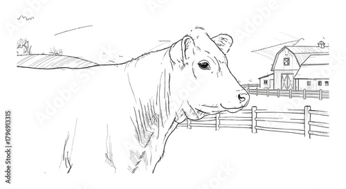 Elegant black and white line drawing depicting a contented farm cow amidst a serene rural landscape, evoking themes of fresh dairy and sustainable agriculture