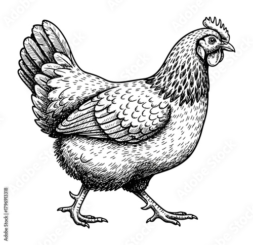 Detailed pen and ink illustration of a hen, showcasing intricate feather patterns, textures, and the hen's elegant posture, suitable for educational or decorative purposes, in a refined artistic style
