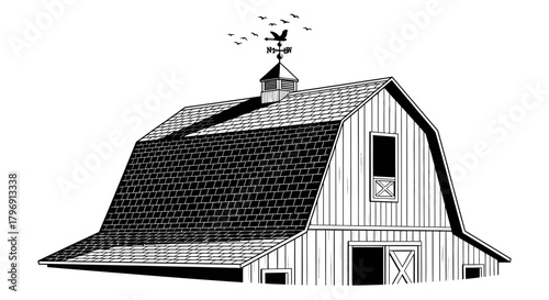 A classic gambrel-roofed barn, rendered in a stark black and white sketch, showcases traditional farm architecture with a weather vane atop its peak and birds in flight