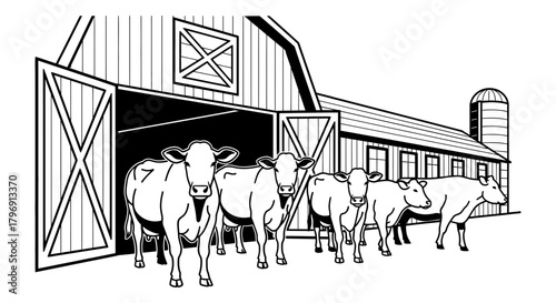 Black and white illustration of several cows standing in front of a barn with open doors, a silo, and a typical rural farm setting. Whisk_y3zgizoti2.svg