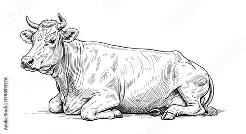 Detailed hand-drawn illustration of a peaceful farm cow lying down, an isolated graphic element perfect for agriculture, food industry, and rustic design projects