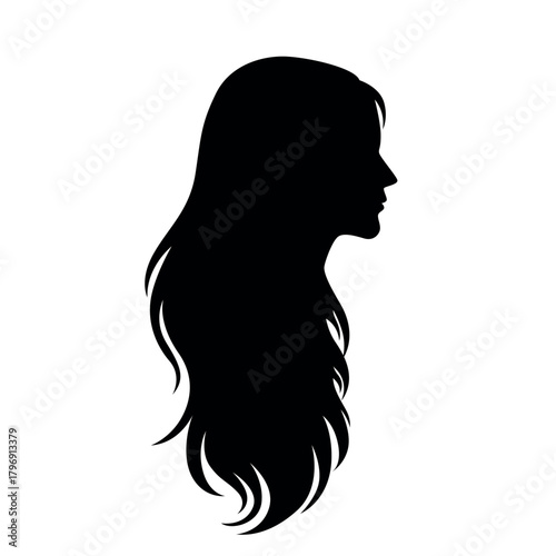 Female silhouette profile with long wavy hair, elegant black woman outline